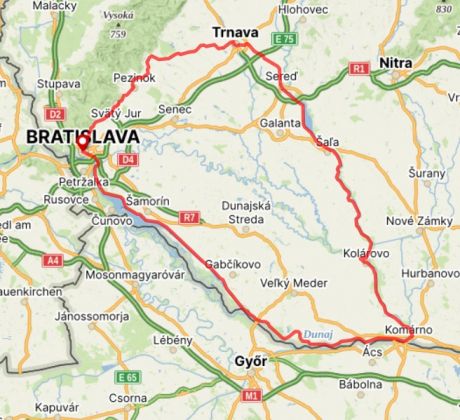 310km Bratislava - Komárno - Kolárovo - Sereď - Trnava - Pezinok - Bratislava